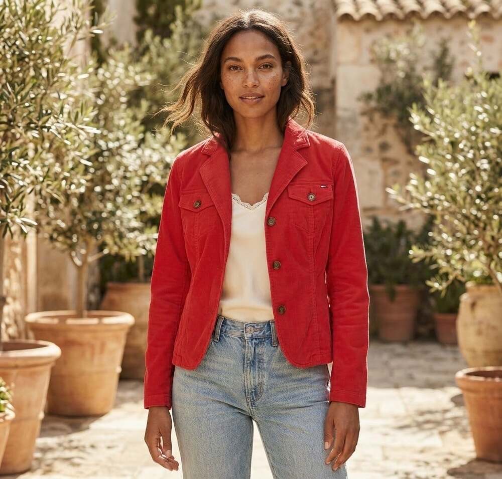 Tommy Hilfiger VINTAGE Y2K red corduroy front button flag logo jacket size large